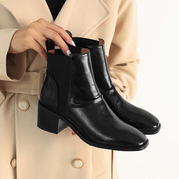 

autumn winter women's boots genuine leather square toe thick high heels women pumps party casual basic shoes woman, Black
