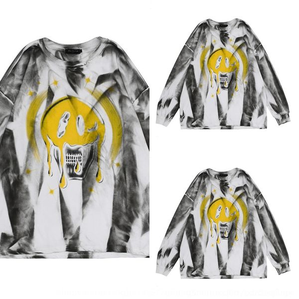 

2os9z tkpa t-shirt sweater high street graffiti hop street tie dye hip sweater for women and men face oversize skull smile loose long sleeve, Black