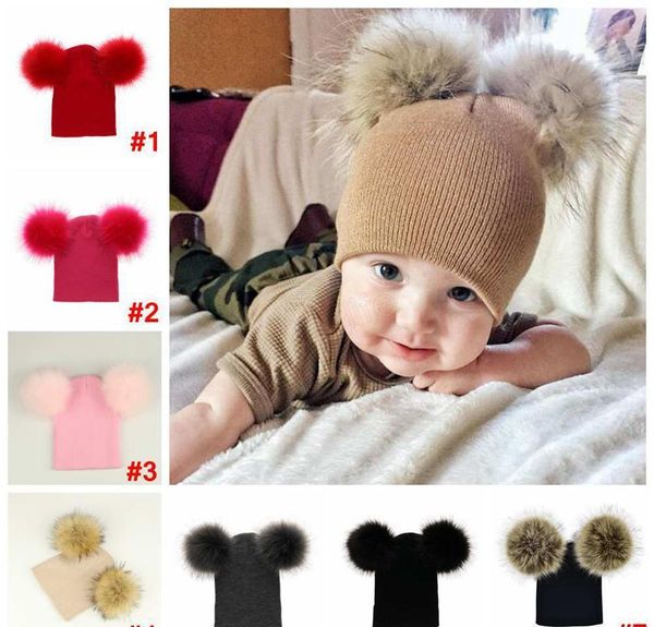 

kids pom pom beaies ins winter knitted hat warm wool hat skull beanie detachable double fur ball children knit outdo jllars bdecoat, Blue;gray