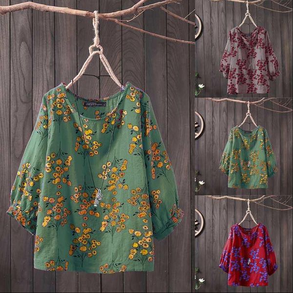 

zanzea summer women vintage floral printed blouse casual 3 4 o neck blusas female retro shirt plus size chemise, White