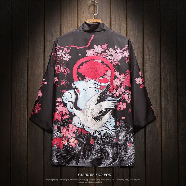 

marchwind japanese kimono jacket officer print harajuku hip hop men shirt japan streetwear jacket summer thin clothing loose kimono, Black;brown