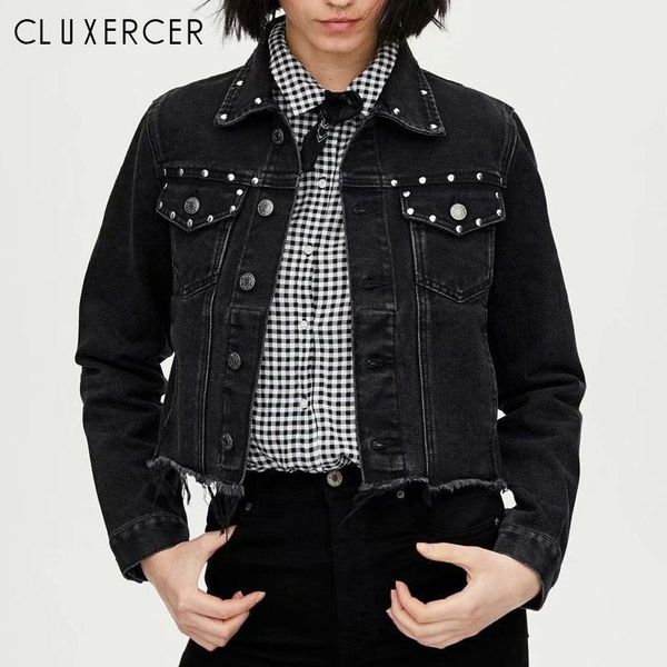 

autumn studded tassel women's denim jacket long sleeve women's jackets outerwear black short style jeans jacket streetwear, Black;brown