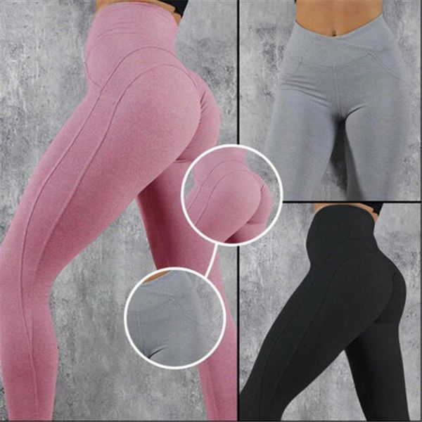 

women high waist fitness leggings ladies casual solid black pink gray elastic waist stretch ankle length legging one piece