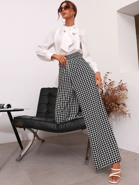 

houndstooth print high waist pants x0ce#, Black;white