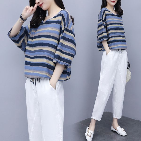 

2020 summer new korean version loose and linen cotton linen thin fashion cotton and hemp stripe suitwomen's leisure temperament two pie, Gray
