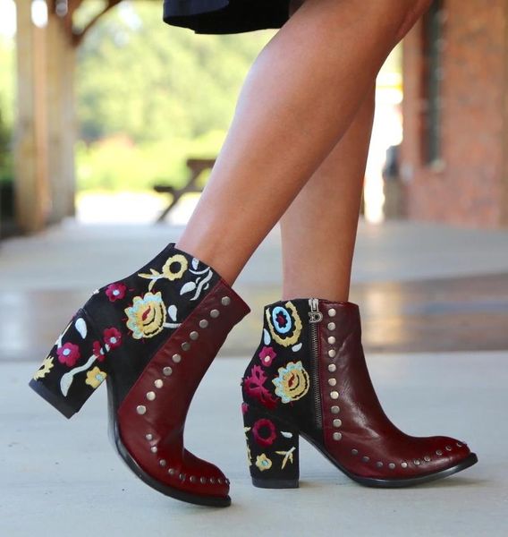 

boots 2021 winter fashion high-heeled women ankle rivet embroidered non-slip pointed side pull-up women's, Black