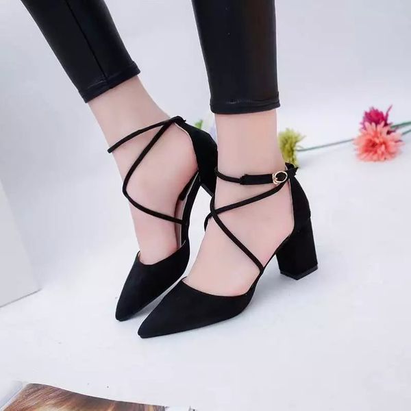 

new 2019 summer new pointed thick with buckle buckle bag with sandals baotou hollow high heel women's shoes, Black