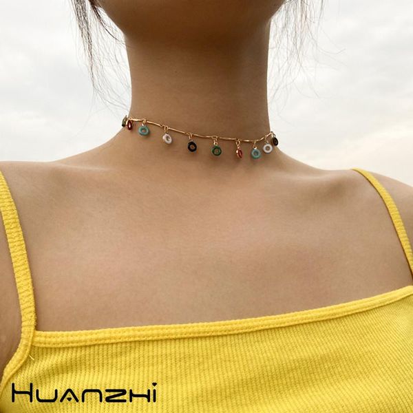 

huanzhi 2020 new vintage hollow colorful donuts round circle handmade choker clavicle chain necklace for women vacation jewelry, Golden;silver