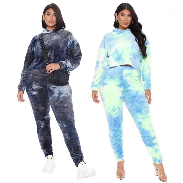 

selling women casual tracsksuits outfits autumn fashion tie-dye printing loose hoodies + sweatpants two piece sets1, Gray