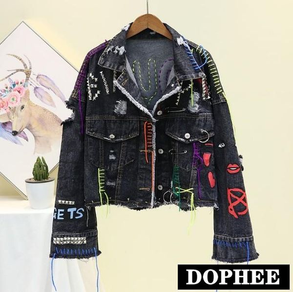 

new fashion autumn graffiti short denim coat women personality edge cut heavy rivet fringed jeans jacket loose cowboy coats, Black;brown