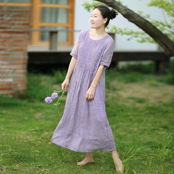 

2020 summer new smoke purple long skirt dress light ramie dress elegant double impervious middle sleeve loose casual long style abdqy, Black;gray