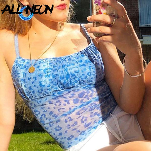 

allneon e-girl sweet leopard printing spaghetti strap mesh milkmaid y2k fashion ruched transparent backless crop sweet, White
