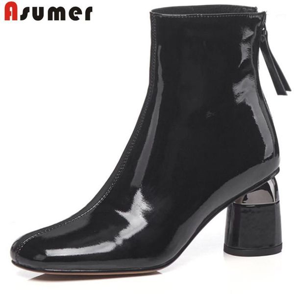 

asumer 2020 new high heels winter boots square toe fashion ankle boots for women solid zip classic genuine leather1, Black