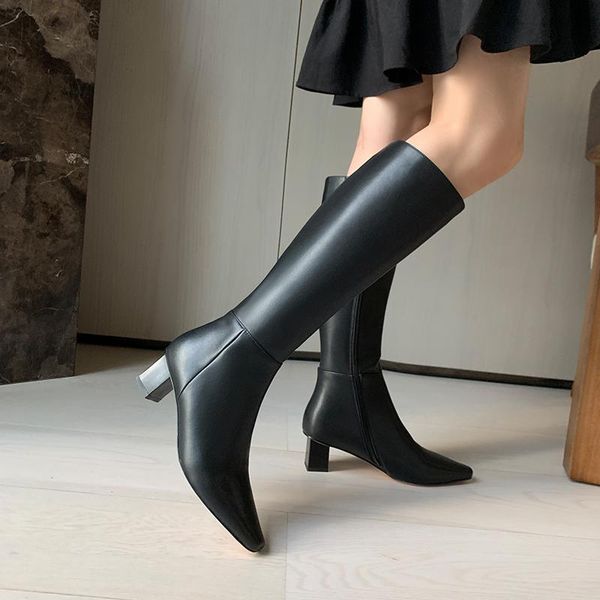 

boots 2021 design genuine leather women's knee high elegant square toe heels shoes women party working woman, Black