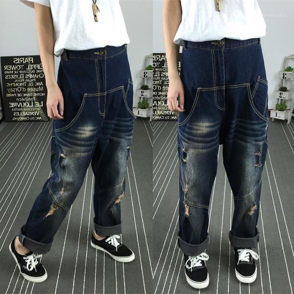 

women's jeans 2021 fashion long pants for women denim trousers elastic waist casual with holes vintage1, Blue