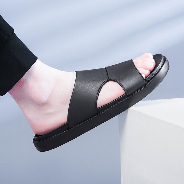 

luxury sandals designer summer men shoes genuine leather slippers soft slip on slides footwear for men luxury brand flip, Black