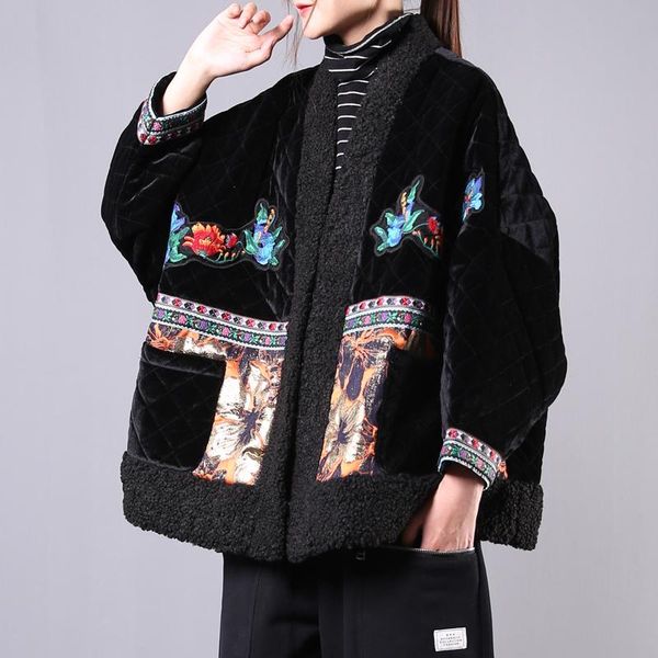 

female new winter plus size cardigan literary retro national style embroidery gold velvet loose short coat, Black;brown