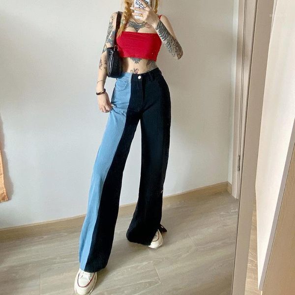 

women's jeans fashion blue black patchwork straight leg woman high waist denim pants boyfriend ladies jean trousers loose fit1
