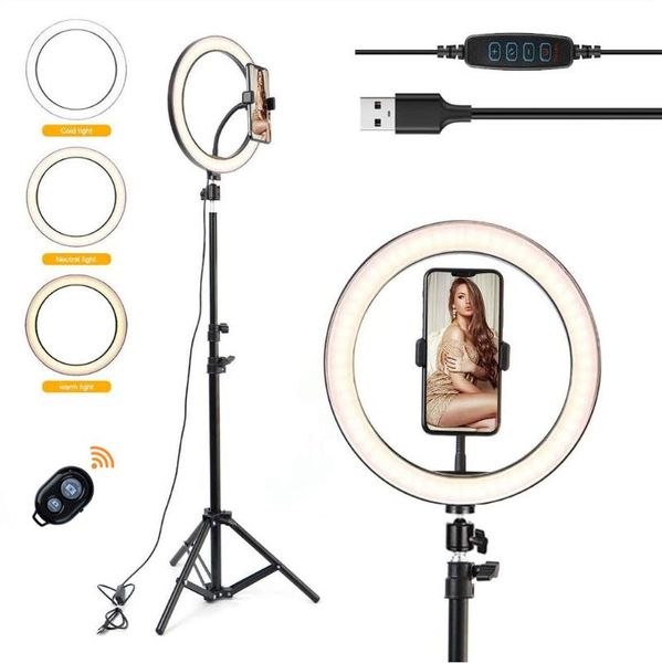 

10" video light dimmable led selfie ring light usb ring lamp pgraphy with phone holder tripod stand for makeup youtube