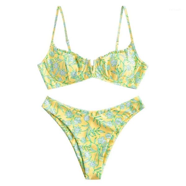 

bikinis set melphieer lady's 2021 fresh chic flower printed underwired padded high cut v neck bikini in stock1