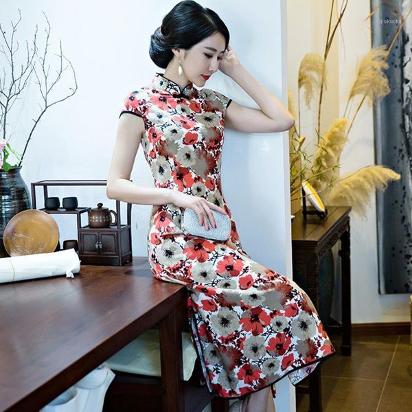 

vintage printed cotton linen short sleeve chinese female cheongsam elegant long dress summer slim qipao mandarin collar vestidos1, Red
