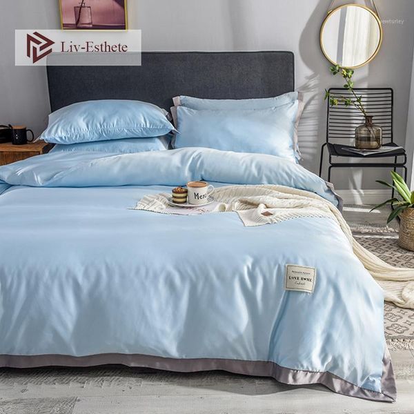

liv-esthete 100% silk blue bedding set love home silky duvet cover flat sheet bed linen double  king bedclothes1