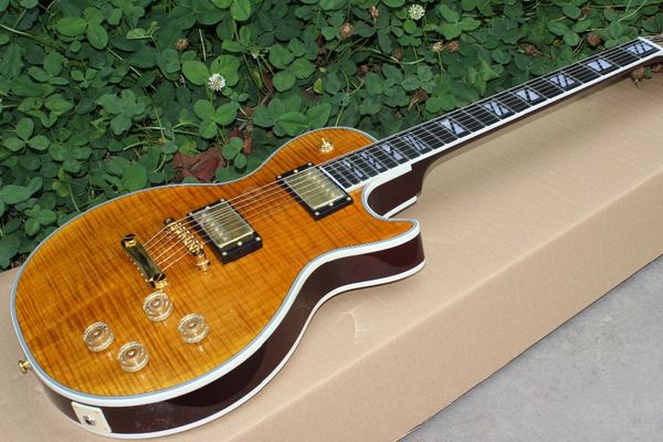

custom electric guitar.yellow color double tiger flame guitarra. rosewood fingerboard.one piece neck and body.real ps