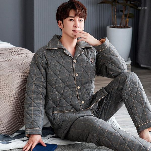

mimi pajamas men's winter three layer cotton padded thickening middle aged father's warm loose home clothes suit for men1, Black;brown
