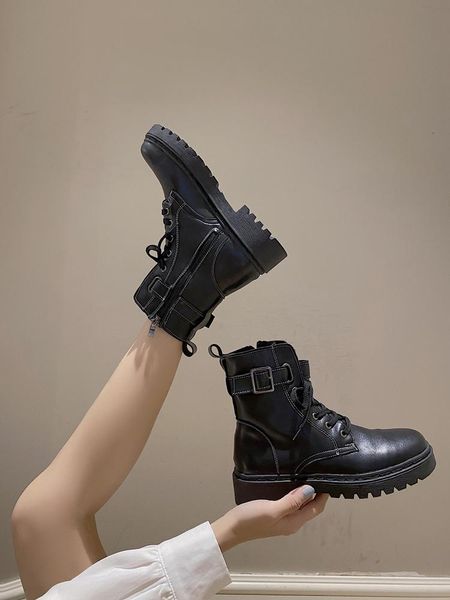 

women's boots autumn round toe shoes luxury designer booties woman 2020 low heel boots-women lolita fashion rubber rock, Black