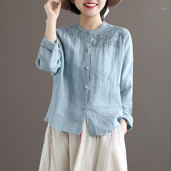 

autumn arts style women long sleeve o-neck loose shirts vintage embroidery cotton linen blouses femme blusas plus size d4181, White
