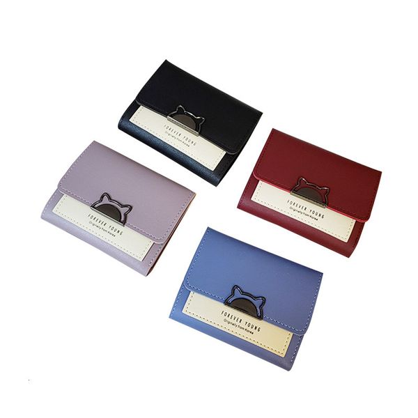 

2021 leather trifold small wallet women lightweight compact snap closure credit card holder with id window for travel shopping purse, Red;black