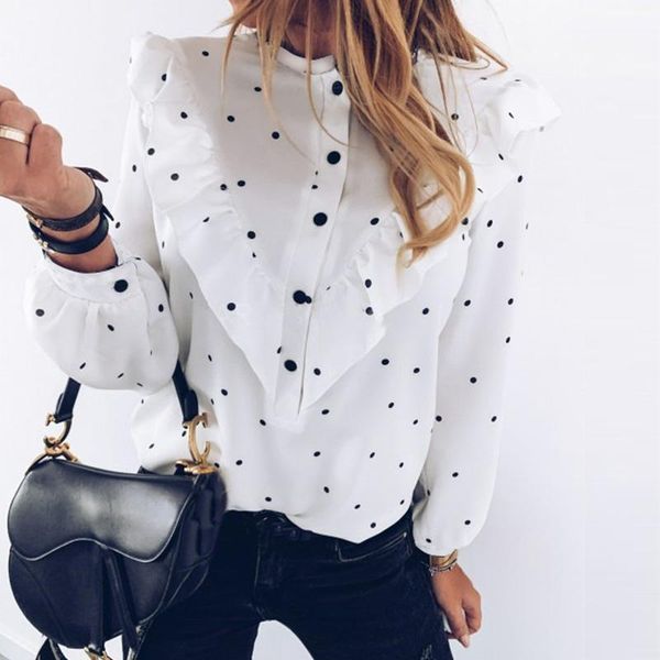

2020 women blouse spring polka dot ruffle blouse shirts elegant casual o neck buttons pullover ladies long sleeve women1, White