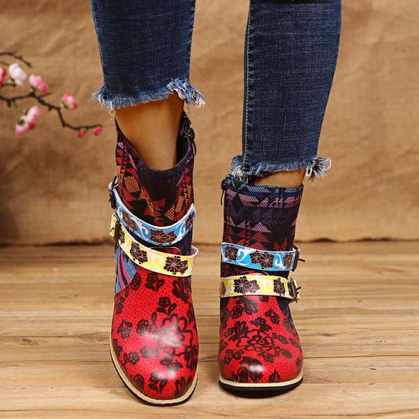 

retro ladies ankle boots autumn plus size floral printed low heel boots patchwork zipper buckle female shoes, Black