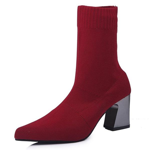 

women boots knitted elastic socks boots medium heeled short women point toe ankle block heels bling pumps, Black