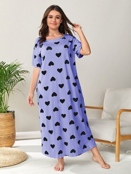 

plus allover heart print nightdress m5uy#, Black;white