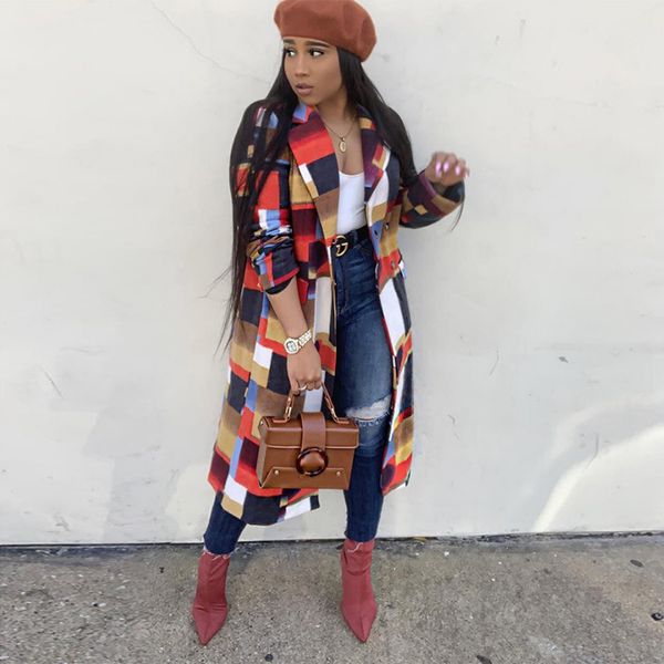 

multicolor double breasted waterfall plaid longline coat elegant pocket knee length outerwear women autumn trench coats 2019x1020, Black