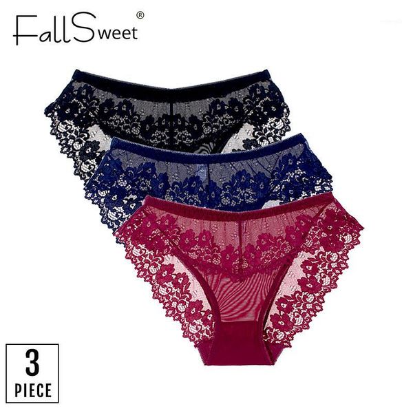 

fallsweet 3 pcs/lot lace panties underwear women transparent underpants  to xl see through lingeire1, Black;pink