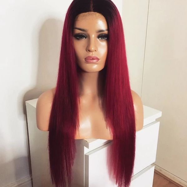

long straight brazilian hair ombre red wig heat resistant synthetic lace front wig cosplay wigs for black women, Black;brown