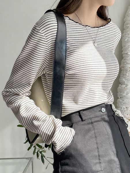 

dazy striped print lettuce trim tee p4he#, White