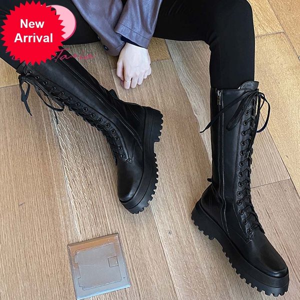 

2021 the new from design female genuine leather boots thick heels calf laces women's fashionable shoes 3gxq, Black