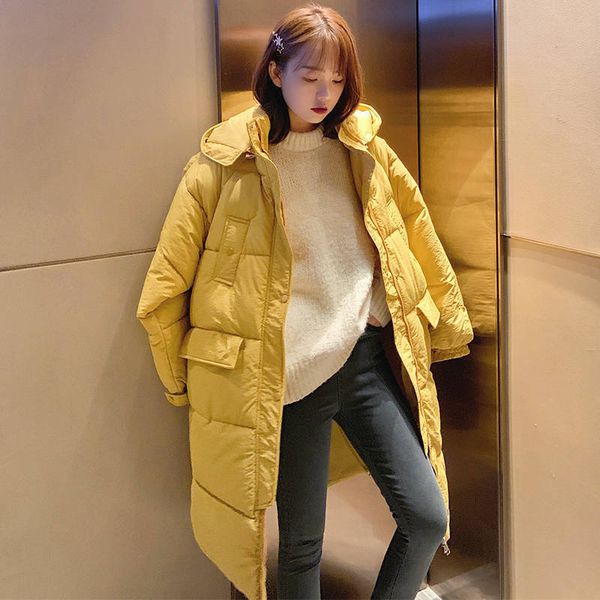 

yellow black women's down cotton padded jacket bf style hooded loose womens coats casual long outerwear winter coat c6000