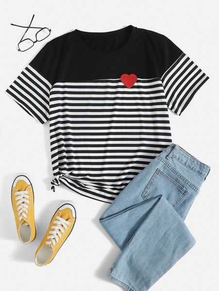 

plus striped heart patched detail tee r7o6#, Black