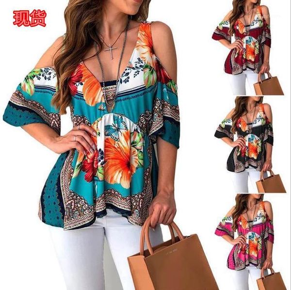 

new women's backless off shoulder floral printed women female flower blouse shirts beach style1, White