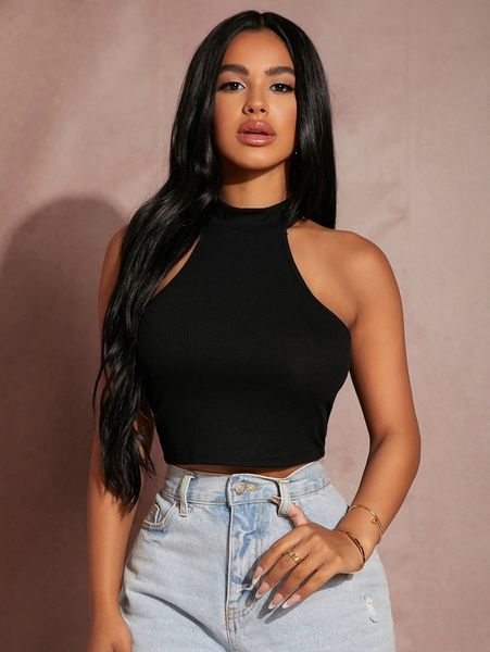 

sxy solid rib-knit halter crop k8dj#, White