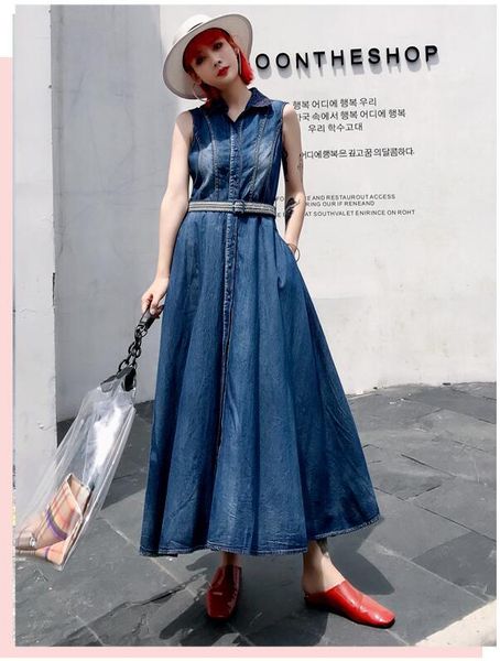 

fashion plus size xs-3xl women long maxi single breasted denim summer dresses with blet, Black;gray
