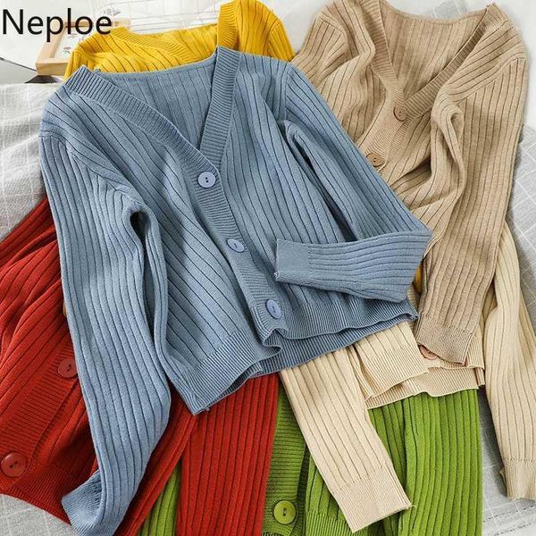 

neploe new solid knit cardigan women fashion long sleeve single breasted sweater casual 2020 loose v neck cardigans mujer 1b0911, White