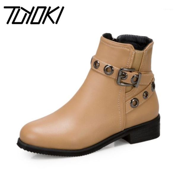 

tuyoki women ankle boots shoes round toe thick heel zipper rivets punk style cool boots ladies footwear plus size 32-431, Black