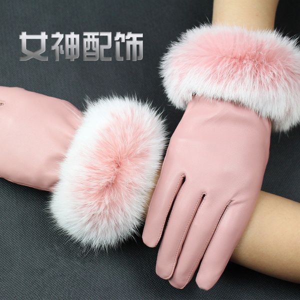 

leather female winter touch screen rabbit hair ball thickened plush warm outdoor riding waterproof windproof student powder gloves, Blue;gray