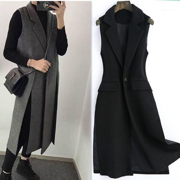 

plus size 4xlautumn winter woolen blazer vest slim casual split long sleeveless waistcoat women jacket1, Black;white
