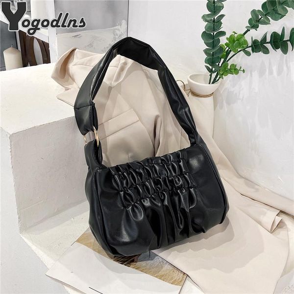 

fashion women pu leather pleated shoulder messenger pouch solid color female fashion luxury daily handbags